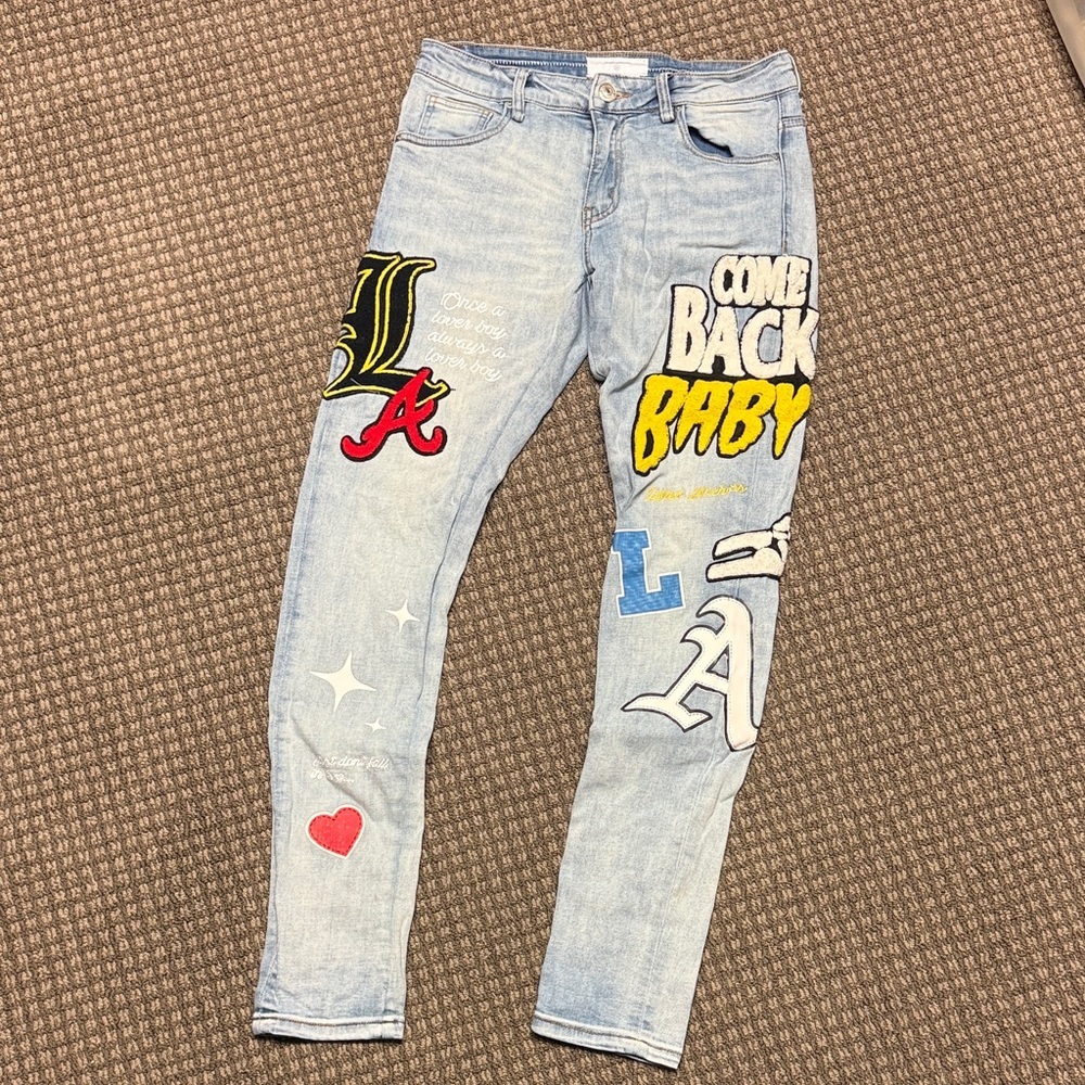 Lifted Anchors LA - Graphic Light Wash Jeans with Patches sz 28 - Picture 2 of 12